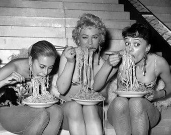 1950s  Photo of Women Eating Spaghetti with Chopsticks - Restaurant Decor Kitchen Wall Art - Retro Dining Decor - Fine Art Print - Funny Art