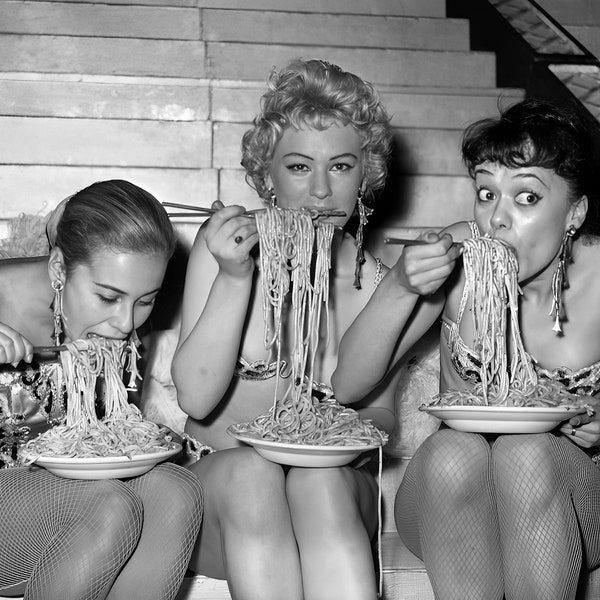 1950s  Photo of Women Eating Spaghetti with Chopsticks - Restaurant Decor Kitchen Wall Art - Retro Dining Decor - Fine Art Print - Funny Art