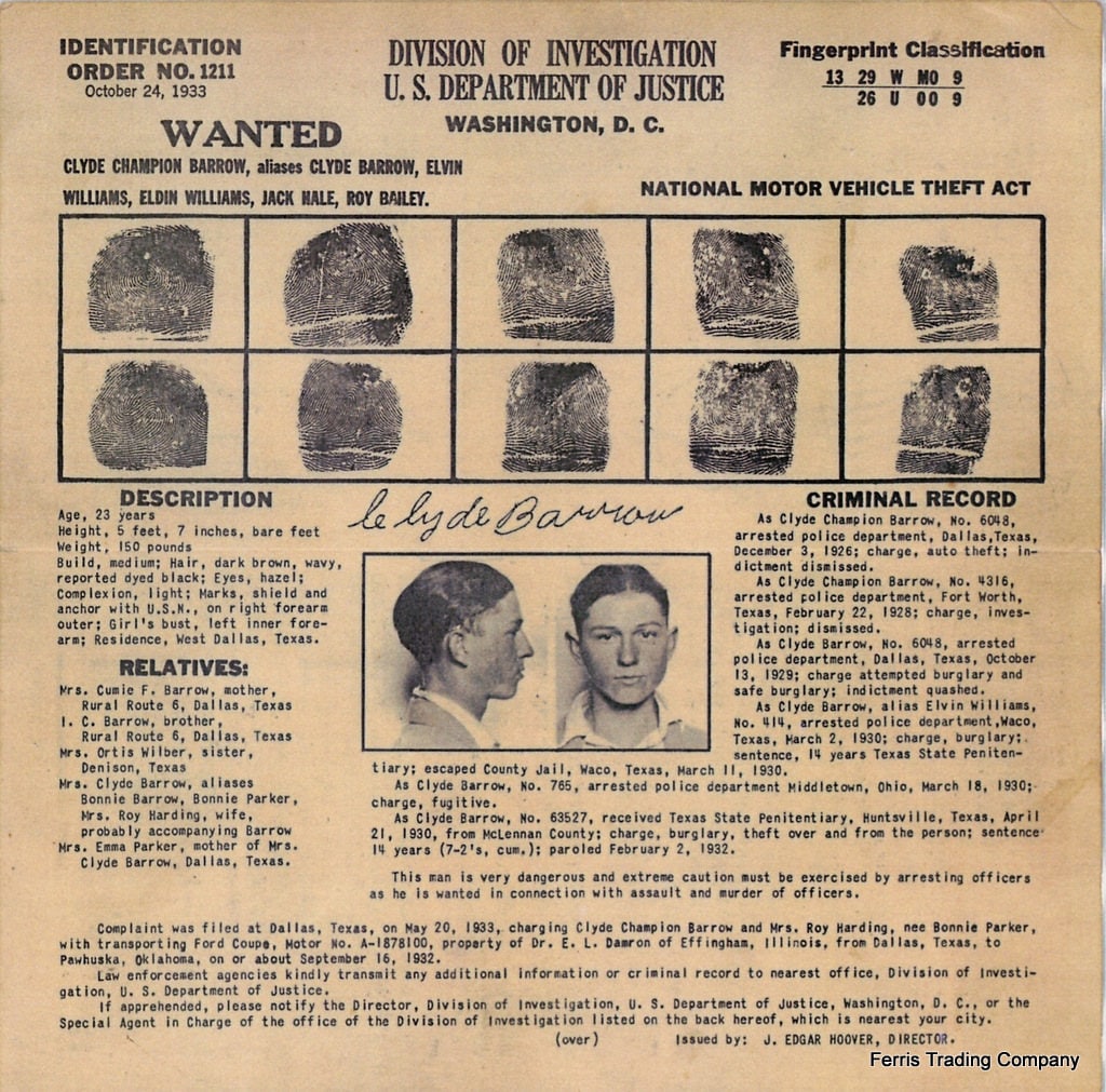 Clyde Barrow - Criminal Record - 1933 - Photo - U.S. Department of Justice - Bonnie & Clyde - Bonnie and Clyde - Photograph - Man Cave - Art - Etsy