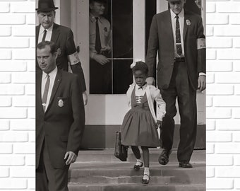 May include: A young girl in a white dress and a black jacket walks up the steps of a school building, escorted by two men in suits. The men are wearing badges that say "Deputy U.S. Marshal".