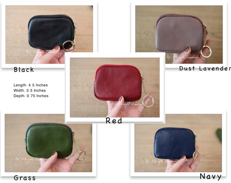 Puede incluir: Cinco peque&ntilde;as carteras de monedas de cuero con cierre de cremallera y llaveros. Las carteras son de color negro, rojo, lavanda polvorienta, verde y azul marino.