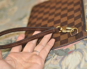 Mcraft® dark brown Leather Wristlet strap, compatible with damier ebene  pochette wallet agenda, Can use as key chain.