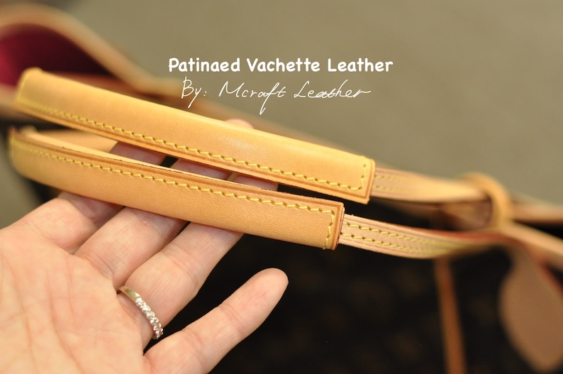 Mcraft® handmade vachetta leather handle protector cover strap cover for 10mm straps, compatible with neverfull BB PM MM Gm shoulder straps Patinaed Vachette