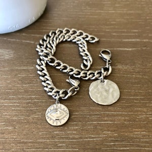 Stainless Steel Chunky Curb Link Chain Bracelet with Circular Evil Eye or Crater Medallion Charm