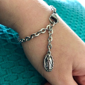 Stainless Steel Flat Link Chain Bracelet with Dangling Petite Virgin Mother Mary Charm Pendant