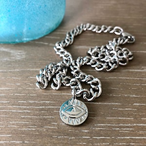 Stainless Steel Thick Chunky Curb Chain Custom Length Evil Eye Malocchio Charm Pendant Choker Necklace