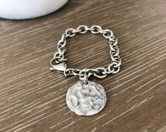 Stainless Steel Oval Link Chain Bracelet with Crater Moon Medallion Charm