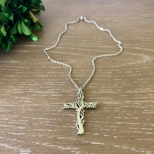 Stainless Steel High-Shine Tree of Life Cross Pendant on Stainless Steel Sparkle Chain Necklace