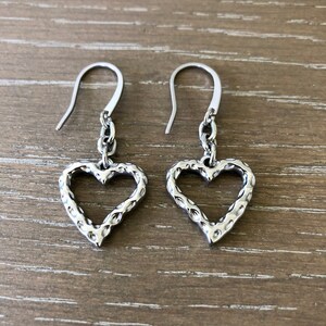 Stainless Steel Dimensional Open Heart Dangle Shepherds Hook Earrings