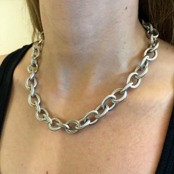 Stainless Steel Chunky Textured Large Link Chain Statement Necklace with Extender