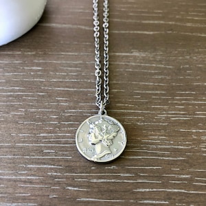 Stainless Steel Custom Length Mercury Dime Winged Liberty Head Dime Coin Medallion Necklace