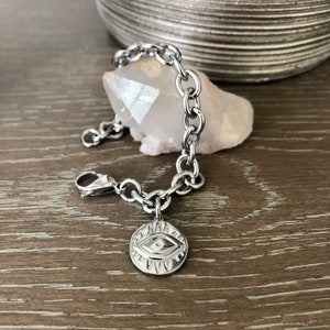 Stainless Steel Oval Link Chain Bracelet with Circular Evil Eye Medallion Charm