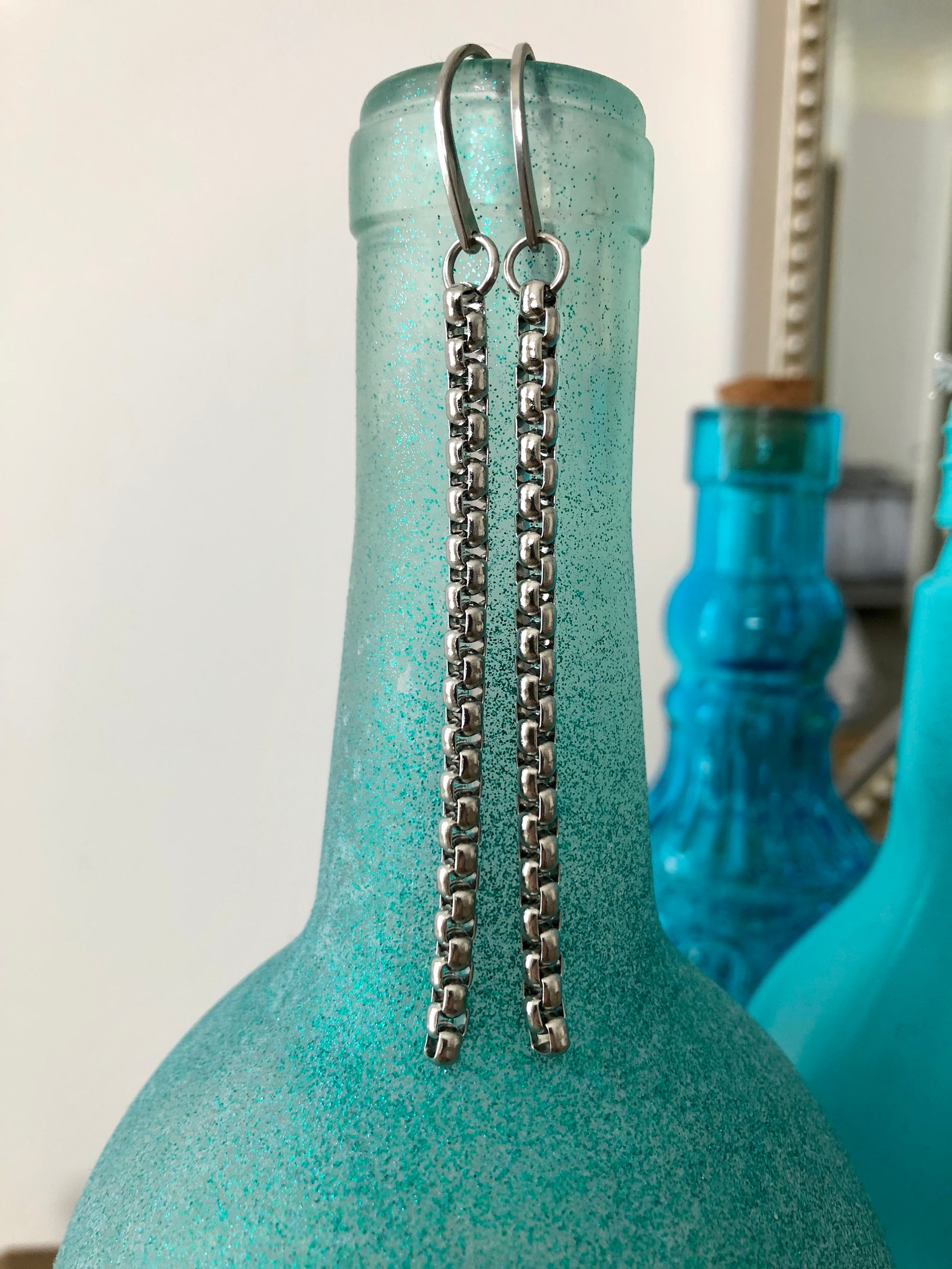 Stainless Steel Long Rounded Box Chain Dangle Shepherds Hook Earrings 1 ...