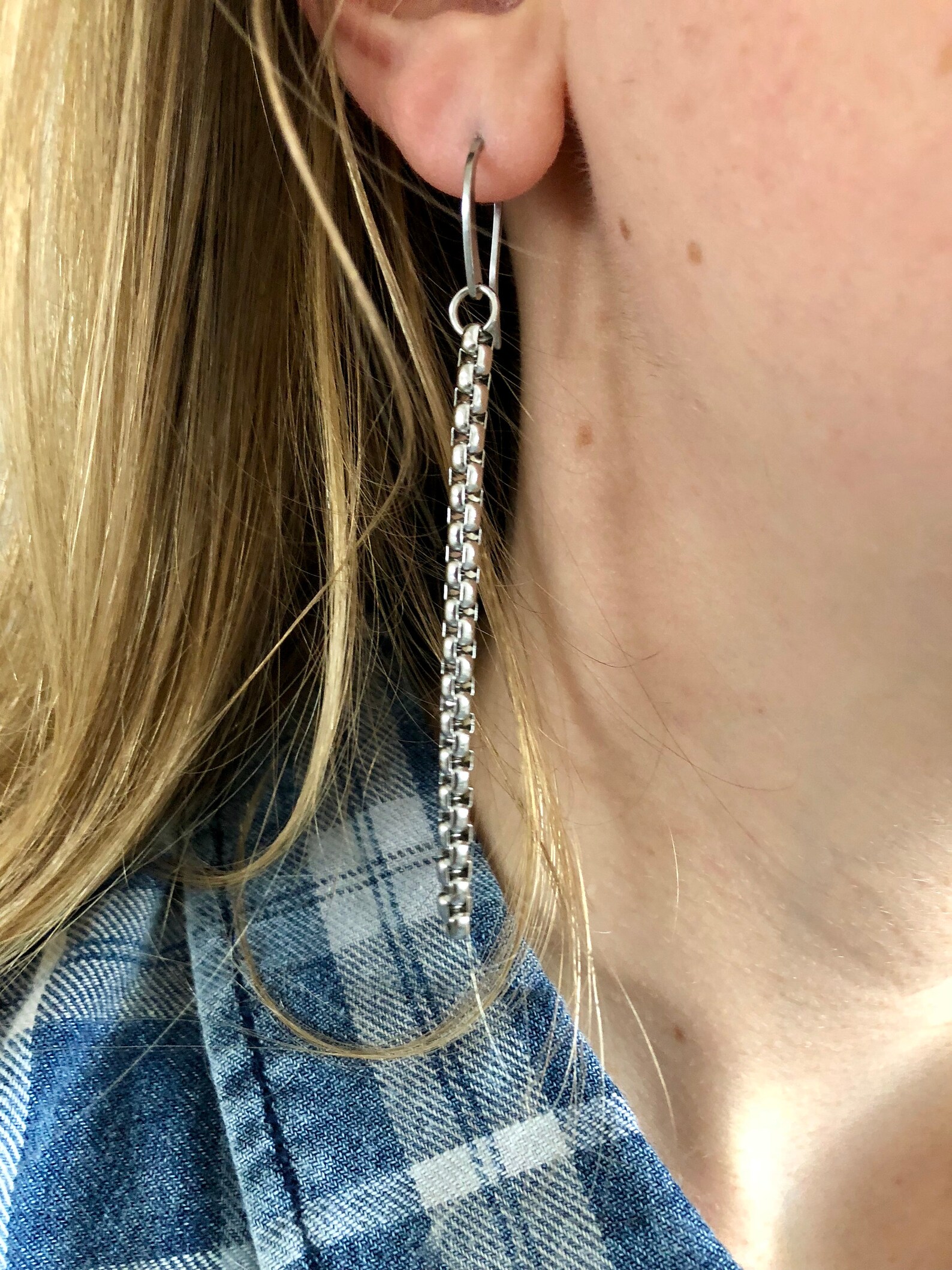 Stainless Steel Long Rounded Box Chain Dangle Shepherds Hook Earrings 1 ...