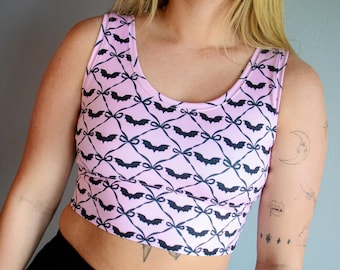 Pink Pastel Bat with Bows Scoop Neck Crop Top Sports Bra, Coquette Halloween, Coquette Bow Clothing, Cute Halloween Clothing