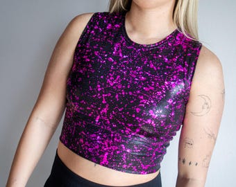 Hot Pink Splatter Crew Neck Crop Top, Goth Activewear Set, Rave Outfit, Wrestling Gear, Clubwear, Festival Outfit, Cute Athleisure Set