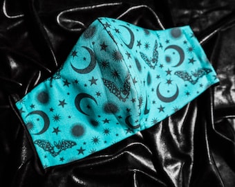 Blue Bat Reusable Witchy Face Mask - Goth Face Mask - Washable Face Mask - Removable Nose Wire - ADJUSTABLE Face Mask -Tula Pink Fabric