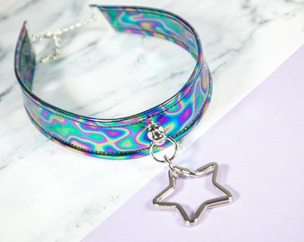 Regenbogen Holografischer Choker, Irisierender Choker, Pastel Goth Schmuck, Metallic Choker Halskette, Choker Halsband, Regenbogen Rave Choker Halskette