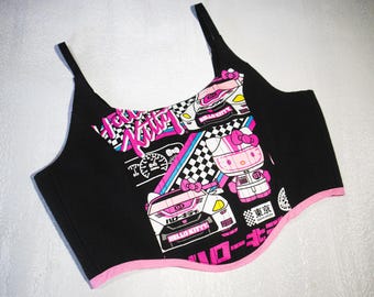 Upcycled Kawaii Goth Tshirt Corset Top, Pink Pastel Goth Tshirt, Harajuku Streetwear, Cat Anime Shirt, Kawaii Streetwear, Upcycled Corset