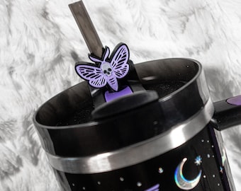 Death Moth Straw Topper for Tumbler or Stanley, Pastel Goth Straw Topper, Witchy Tumbler Accessory, Spooky Cute Moth Tumbler Straw Topper