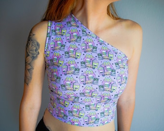 Spooky Meal One Shoulder Sports Bra, Pastel Goth Tank Top, Cute Halloween Clothing, Pastel Halloween Outfit, Spooky Cute Halloween Top