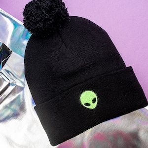 Alien Beanie, Space Beanie, Goth Beanie, Alien Gift, Goth Beanie Hat, Beanie with Pom Pom, Alien Patch, Pastel Goth Accessories, Cute Patch