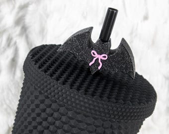 Bat Straw Topper for Tumbler or Stanley, Coquette Bat Goth Straw Topper, Pastel Goth Accessory, Coquette Bow Straw Topper, Spooky Cute Gift