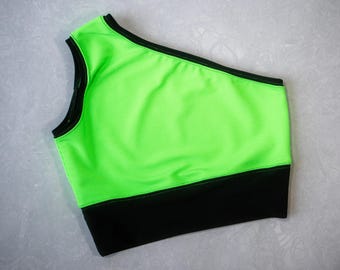 Neongroene en zwarte geribbelde crop-top met één schouder, Goth Active Wear, set sportkleding, pastelgoth-kleding, leuke set sportkleding Athleisure Wear