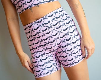 Pink Pastel Bat with Bows Midi Shorts, Coquette Clothing Set, Halloween Party Outfit, Pastel Goth Clothing, Coquette Bow Goth Shorts