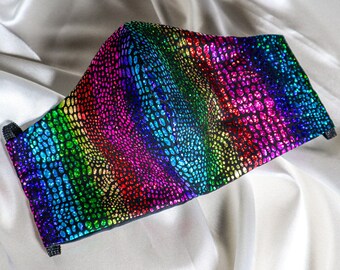 Rainbow Alligator Iridescent Reusable Face Mask w/ Removable Nose Wire, Washable Face Mask, Glitter Face Mask, Iridescent Fabric, Pride Mask