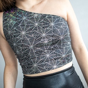 Holographic Spiderweb Sports Crop Top, One Shoulder Crop Top, Goth Athleisure, Athleisure wear, Asymmetrical Top, Goth Clothing Goth Fashion