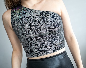 Holographic Spiderweb Sports Crop Top, One Shoulder Crop Top, Goth Athleisure, Athleisure wear, Asymmetrical Top, Goth Clothing Goth Fashion