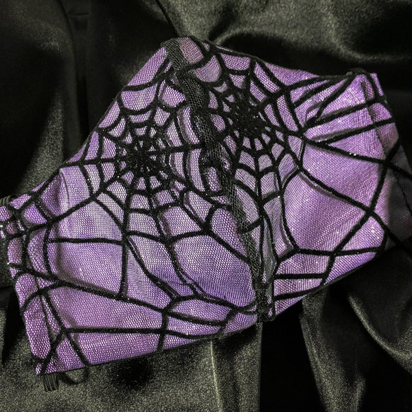 Purple Spider Web Witchy Face Mask w/ Removable Nose Wire, Washable Reusable Face Mask, Goth Face Mask, Pastel Goth, Lace Glitter Face Mask