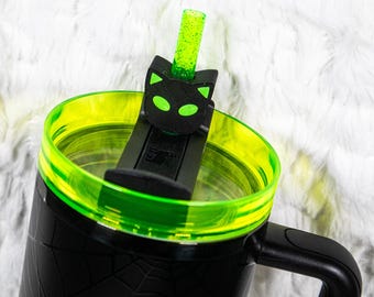 Alien Cat Straw Topper for Tumbler or Stanley, Cat Alien Gift, Goth Straw Topper, Neon Green Goth Drink Accessory