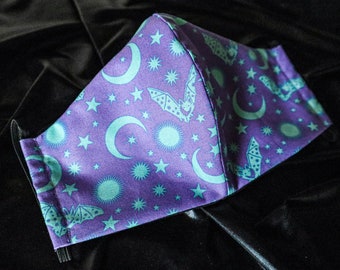 Pipistrello viola riutilizzabile Strega faccia Maschera w / Filo naso rimovibile, Maschera viso lavabile, Maschera faccia Goth, AdjustABLE Maschera facciale, Tula Rosa Batty