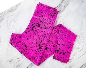 Leggings holográficos de salpicaduras rosas y negras, ropa deportiva de leggings góticos, conjunto de ropa activa, ropa gótica, conjunto de ropa lounge