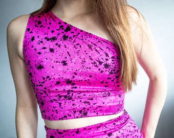 Holographic Pink and Black Sports Crop Top, One Shoulder Crop Top, Goth Athleisure, Athleisure Wear, Activewear Set, Asymmetrical Top
