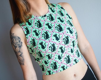 Pastel Green Black Cat Crew Neck Sports Bra, Coquette Halloween, Cute Halloween Clothing, Halloween Crop Top, Black Cat Clothing, Pastel Cat