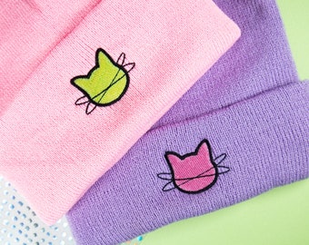 Space Cat Beanie Hat, Kawaii Goth Beanie, Cat Lover Gift, Kawaii Clothes, Goth Beanie, Embroidered Beanie, Pastel Goth Accessories