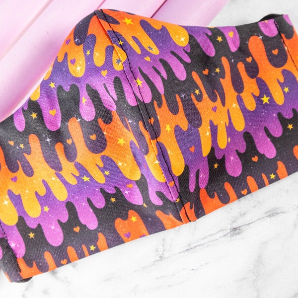 Purple & Orange Slime Reusable Goth Face Mask w/ Removable Nose Wire, Purple Face Mask, Halloween Face Mask, Witchy Face Mask, Cute Goth