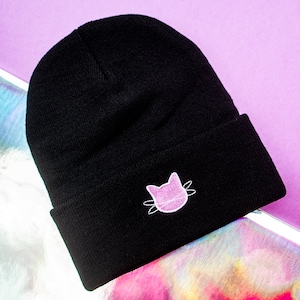 Cat Beanie, Space Beanie, Goth Beanie, Goth Winter Hat, Goth Beanie Hat, Embroidered Beanie, Kawaii Beanie, Pastel Goth Beanie Accessories