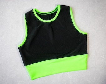 Zwart en neongroen geribbelde ronde hals, Goth-sportkleding, sportkledingset, pastelgoth-sportbeha, schattige sportkleding, gothic zomerkleding, tennis