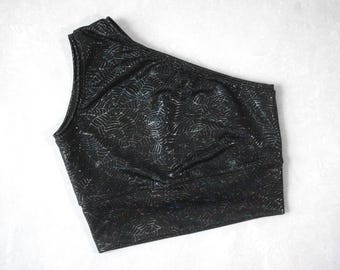 Zwart spinnenweb één schouder, Goth Activewear-set, Goth Kleding, Halloween-kleding, Goth Athletic Wear, Spinnenweb, Horror Crop Top