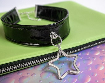 Black Faux Leather Choker, Goth Choker Necklace, Vinyl Choker, Harajuku Choker, Faux Leather Collar, Star Choker, Goth Kawaii Jewelry