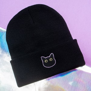 Black Cat Beanie, Black Cat Gifts, Black Cat Hat, Cat Lover Gift, Goth Cat, Goth Beanie Hat, Embroidered Beanie, Pastel Goth, Grunge Beanie