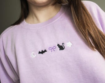Embroidered Coquette Halloween Crew Neck Sweatshirt, Cute Halloween Crew Neck, Spooky Season Crewneck, Pastel Goth Sweatshirt, Goth Coquette