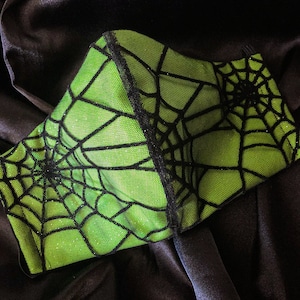 Green Spider Web Lace Witchy Face Mask Reusable w/ Removable Nose Wire - Washable Cotton Face Mask -Dust Mask ADJUSTABLE - Goth Face Mask