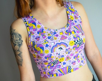 Pink Psychedelic Scoop Neck Crop Top, Festival Clothing, Ravewear, Psychedelic Clothing, Pastel Goth Clothing, Rave Streetwear, Rave Outfit