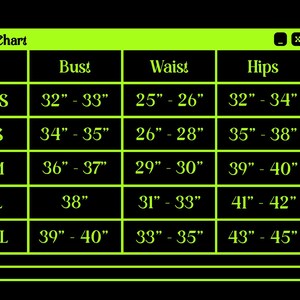 May include: A size chart with measurements in inches for bust, waist, and hips. Sizes range from XS to XL. The chart is displayed in a neon green window-like frame against a black background.