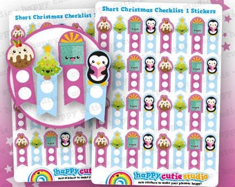 Puede incluir: Hojas de pegatinas navideñas para planificador. Las pegatinas presentan diseños festivos como pingüinos, árboles de Navidad y cajas de regalo. Los colores son rosa, azul y blanco. El texto dice "Short Christmas Checklist 1 Stickers!" y "happy cutie studio".